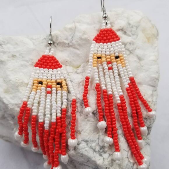 The Pretty Jewellery Jewelry - Santa Beaded Christmas Dangle Earrings Red White